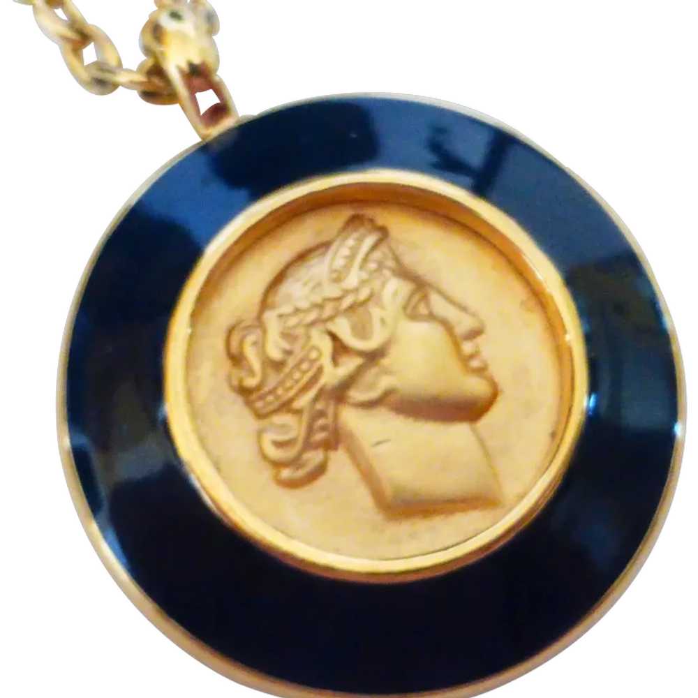 Monet Pendant Necklace Roman Bust Gold Tone Coin … - image 1