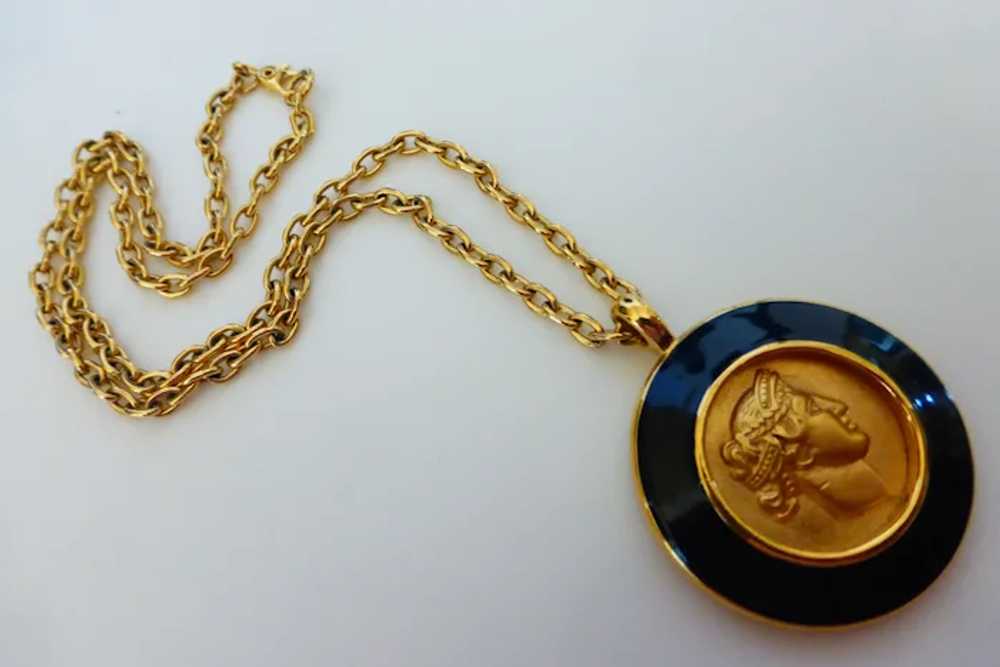 Monet Pendant Necklace Roman Bust Gold Tone Coin … - image 2
