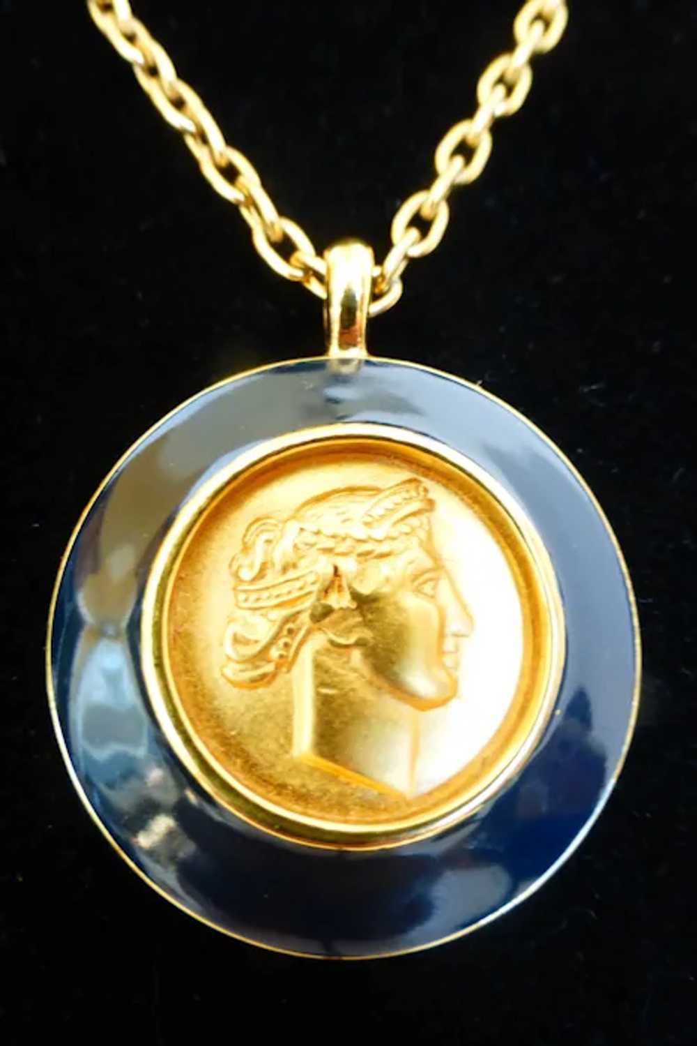 Monet Pendant Necklace Roman Bust Gold Tone Coin … - image 3