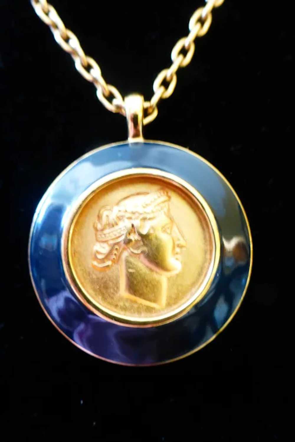 Monet Pendant Necklace Roman Bust Gold Tone Coin … - image 6