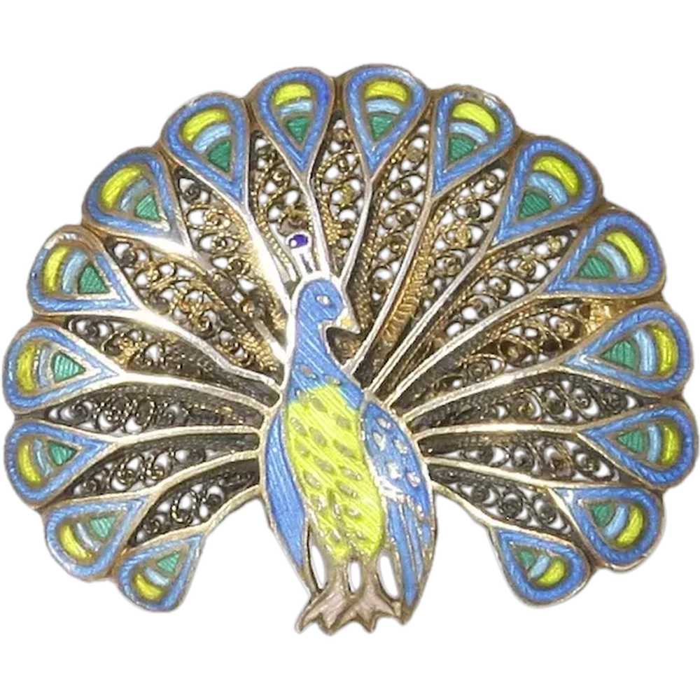 Peacock Pin Topazio Sterling Filigree Enamel – Po… - image 1