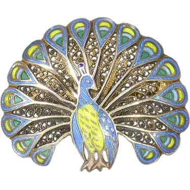 Peacock Pin Topazio Sterling Filigree Enamel – Po… - image 1