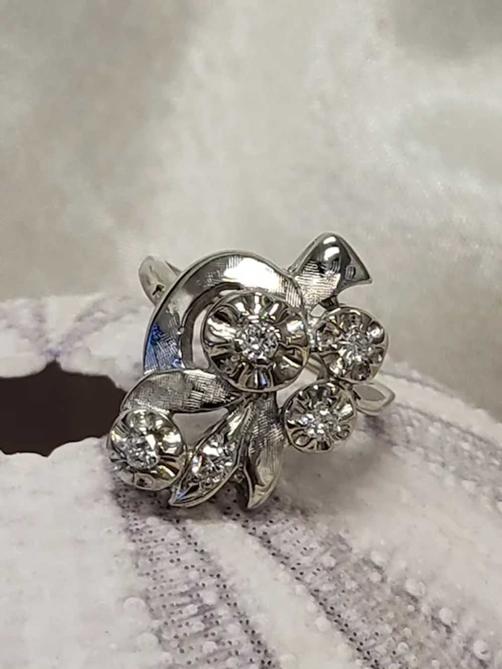 14K WG Flower and Diamond Cocktail Ring - image 3