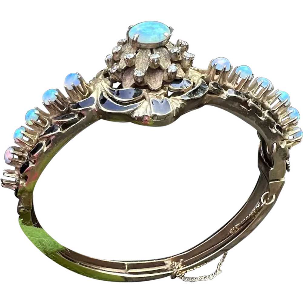 14K Yellow Gold Opal and Diamond Bangle - image 1