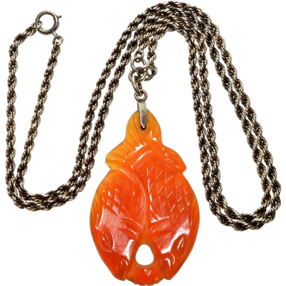 Antique Edwardian Carnelian Pendant Sterling Rope… - image 1