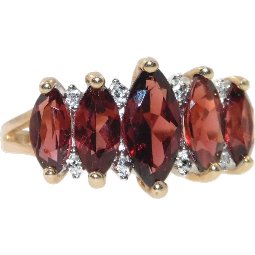 Red Garnet Row Ring in 10k Yellow Gold with Diamo… - image 1