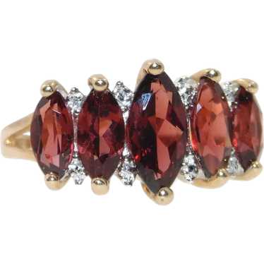 Red Garnet Row Ring in 10k Yellow Gold with Diamo… - image 1