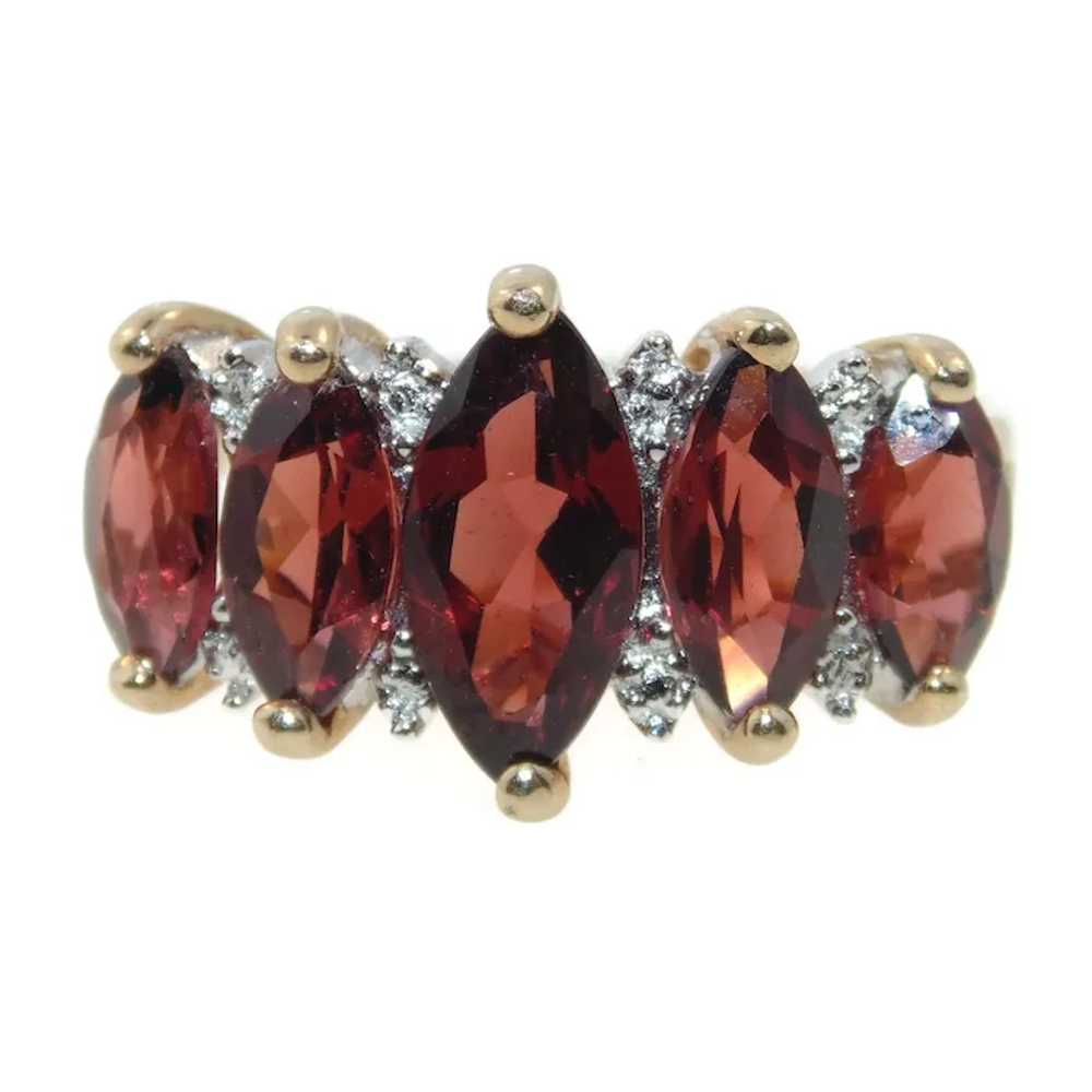 Red Garnet Row Ring in 10k Yellow Gold with Diamo… - image 3