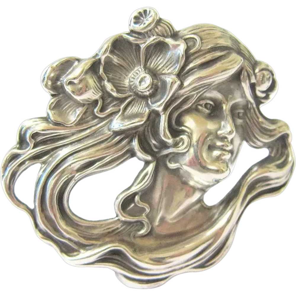 Vintage Large Elias Silver Pewter Art Nouveau Style Brooch Pin