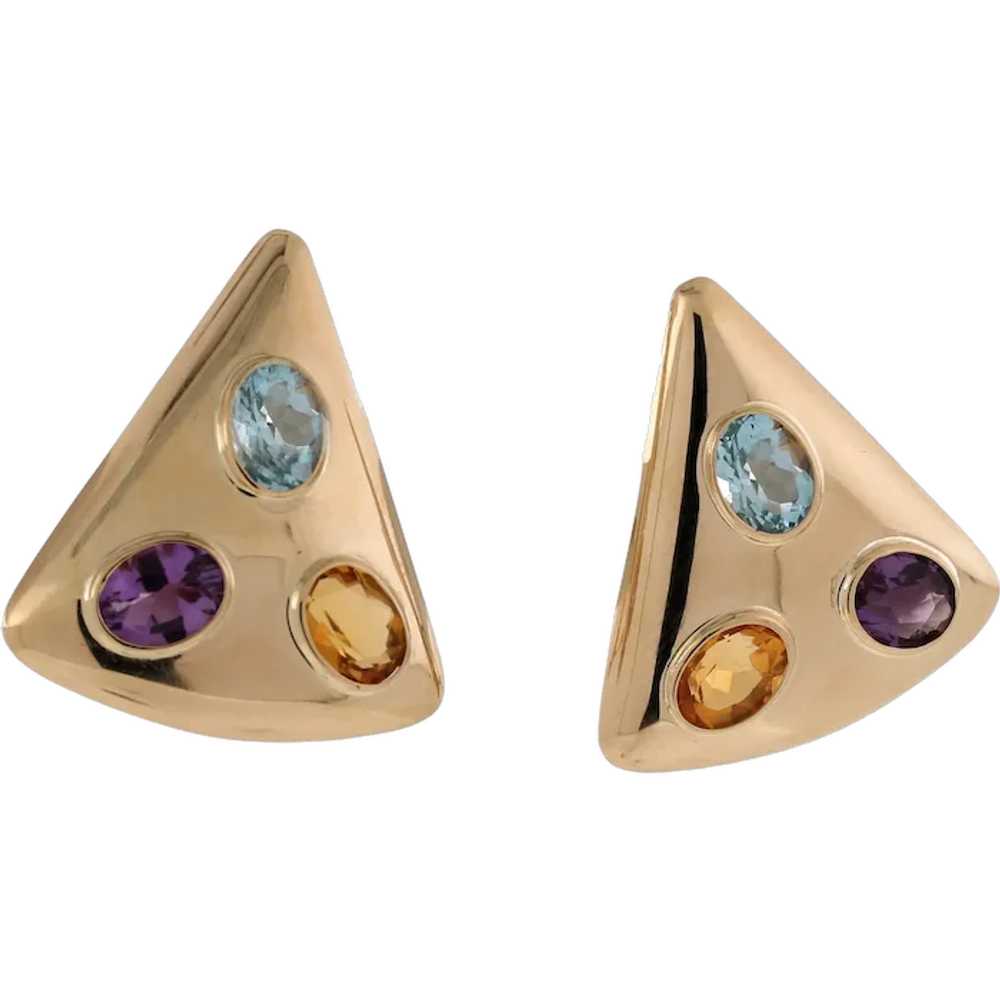 Multi Gemstone Triangle Earrings 14K Yellow Gold … - image 1