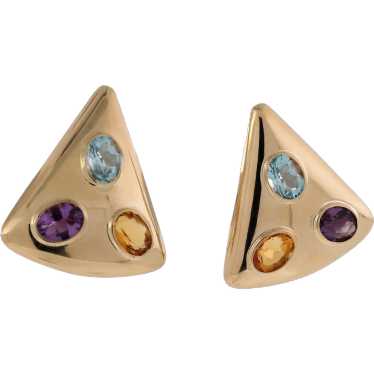 Multi Gemstone Triangle Earrings 14K Yellow Gold … - image 1