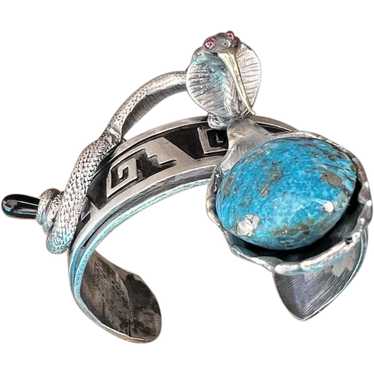 Vintage Sterling Silver Mexico Heart Hook Bangle Bracelet Turquoise Lapis  Onyx