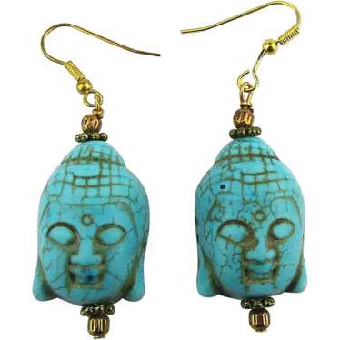 Vintage Jade Buddha Face Dangle Clip Earrings Green Glass Stone Wood Accent 2024 Bead