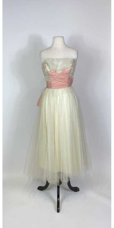 1950s Sequin Bodice Cream Tulle Bow Back Party Dre