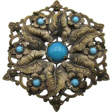 Vintage Czech Turquoise Glass & Faux Pearls Brass Filigree Floral Round Brooch