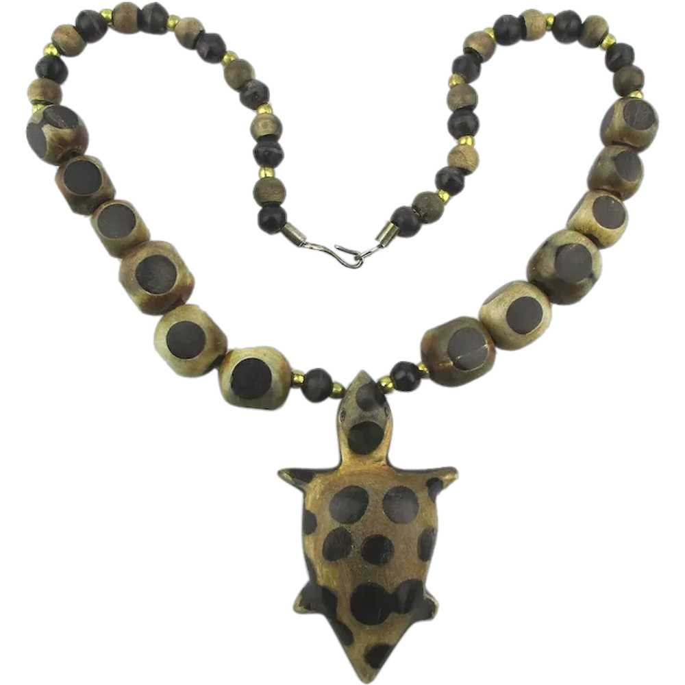 Vintage Polka Dot Figural TURTLE Bead Necklace - image 1