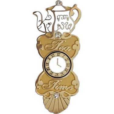 Tea Time Gold Tone Rhinestone Teapot Clock Pin M80