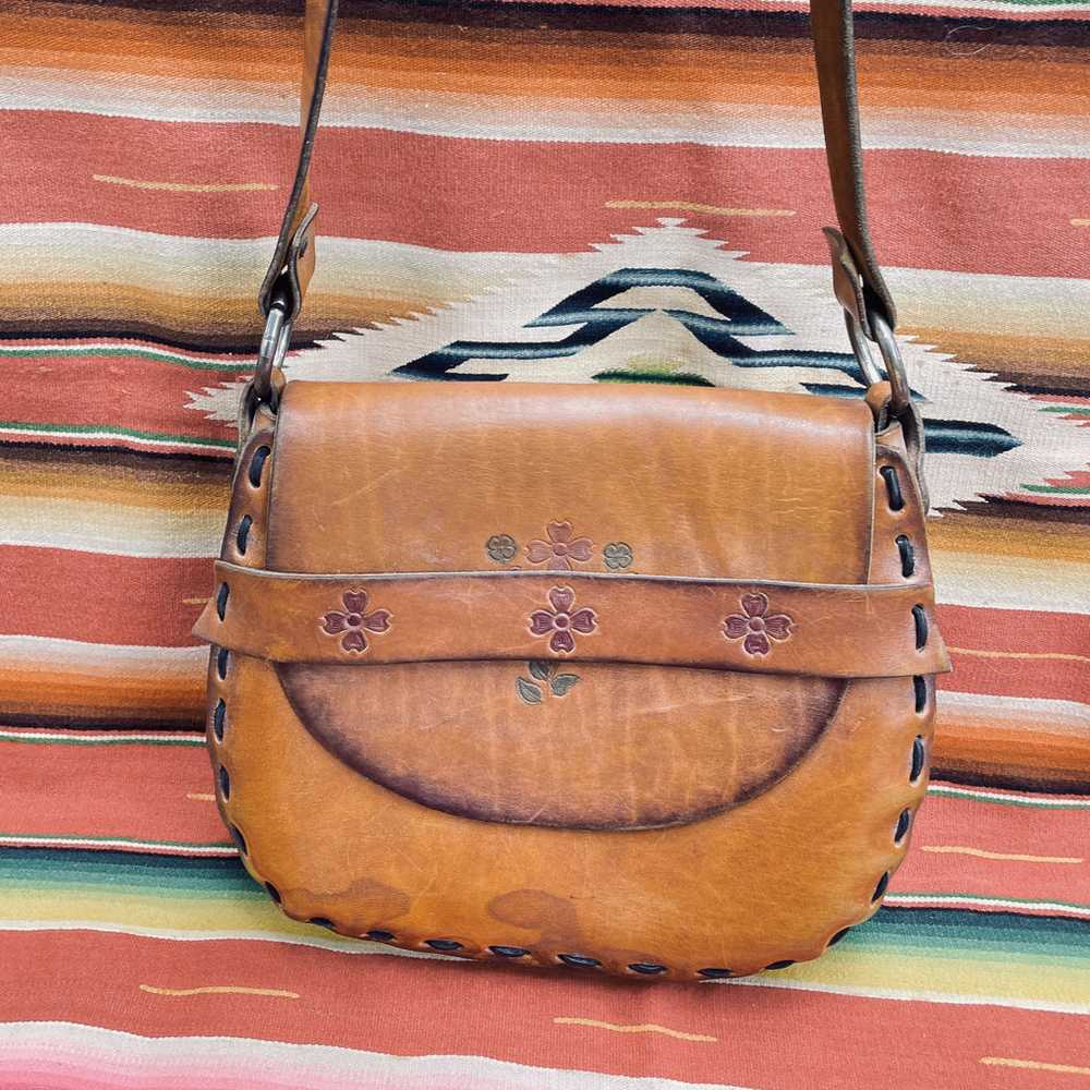 Vintage 60s/70s Hand Tooled Painted Leather Flowe… - image 1