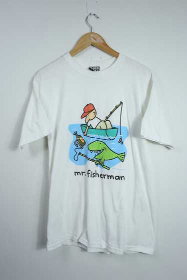 vintage 80s FISHING MAN CARTOON PAPER THIN T-Shirt LARGE/XL dad