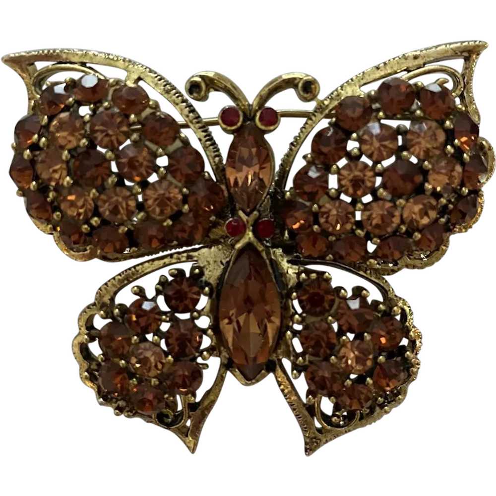Weiss Amber Rhinestone Butterfly Brooch - image 1