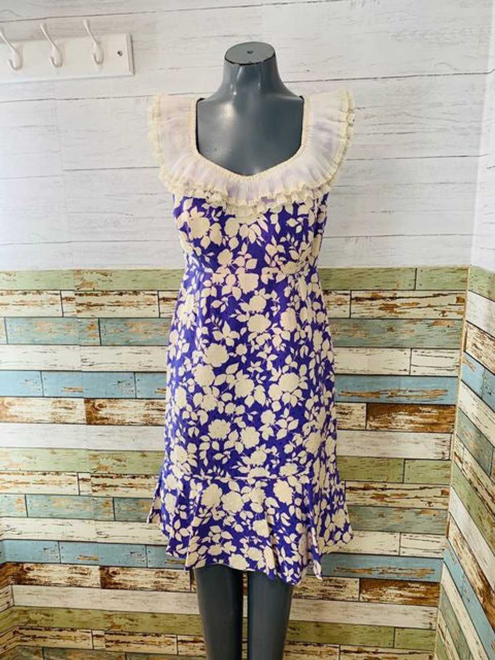 40s Sleeveless Flower Print Silk Dress With Lace … - image 1