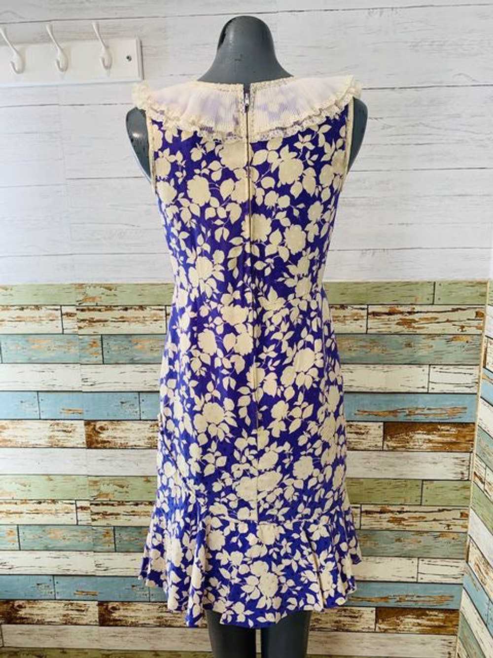 40s Sleeveless Flower Print Silk Dress With Lace … - image 7