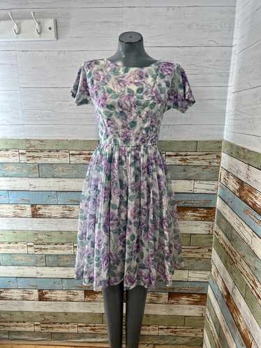 50’s Purple Flower Garden Print Short Sleeve Dress