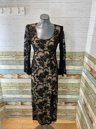 60's Black Lace Bell Sleeve Nude Illusion Gown