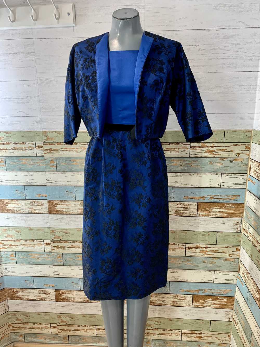 60s Black And Blue Lace Dress And Cropped Jacket … - image 1