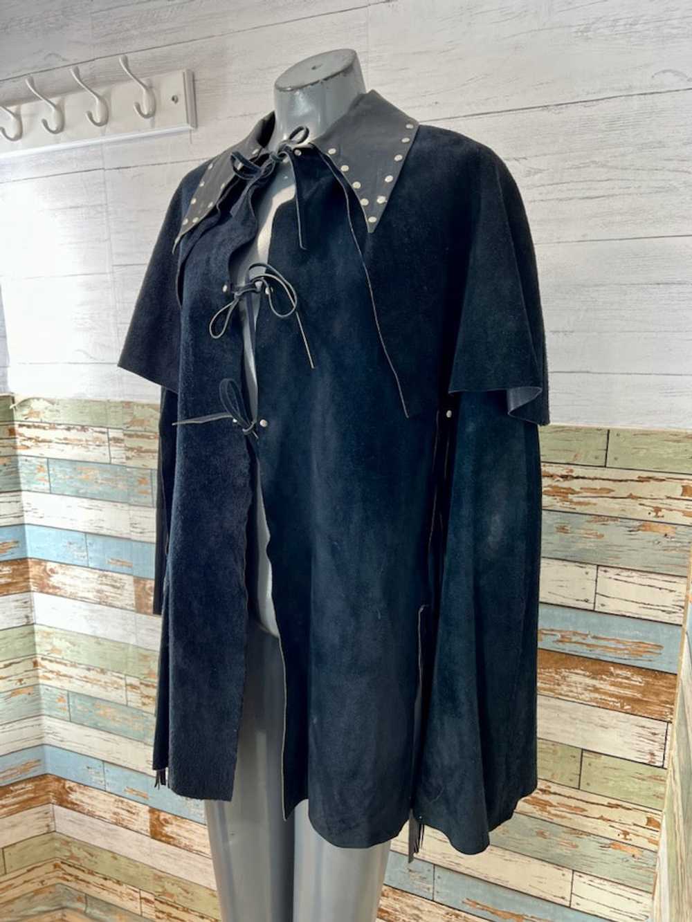 60s Dark Navy Suede Leather Cape Poncho With Exag… - image 3