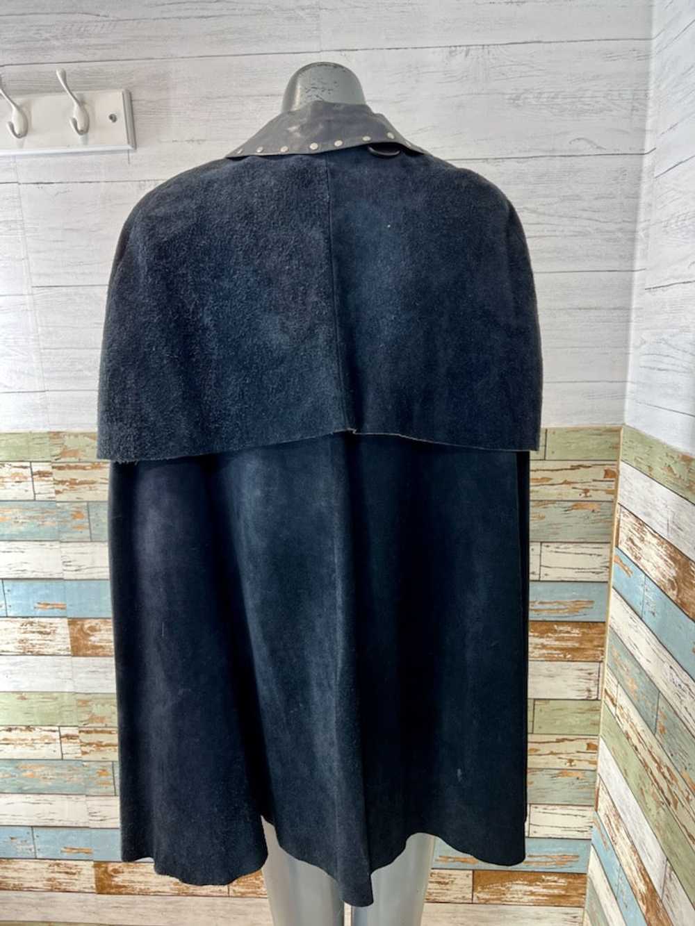 60s Dark Navy Suede Leather Cape Poncho With Exag… - image 6