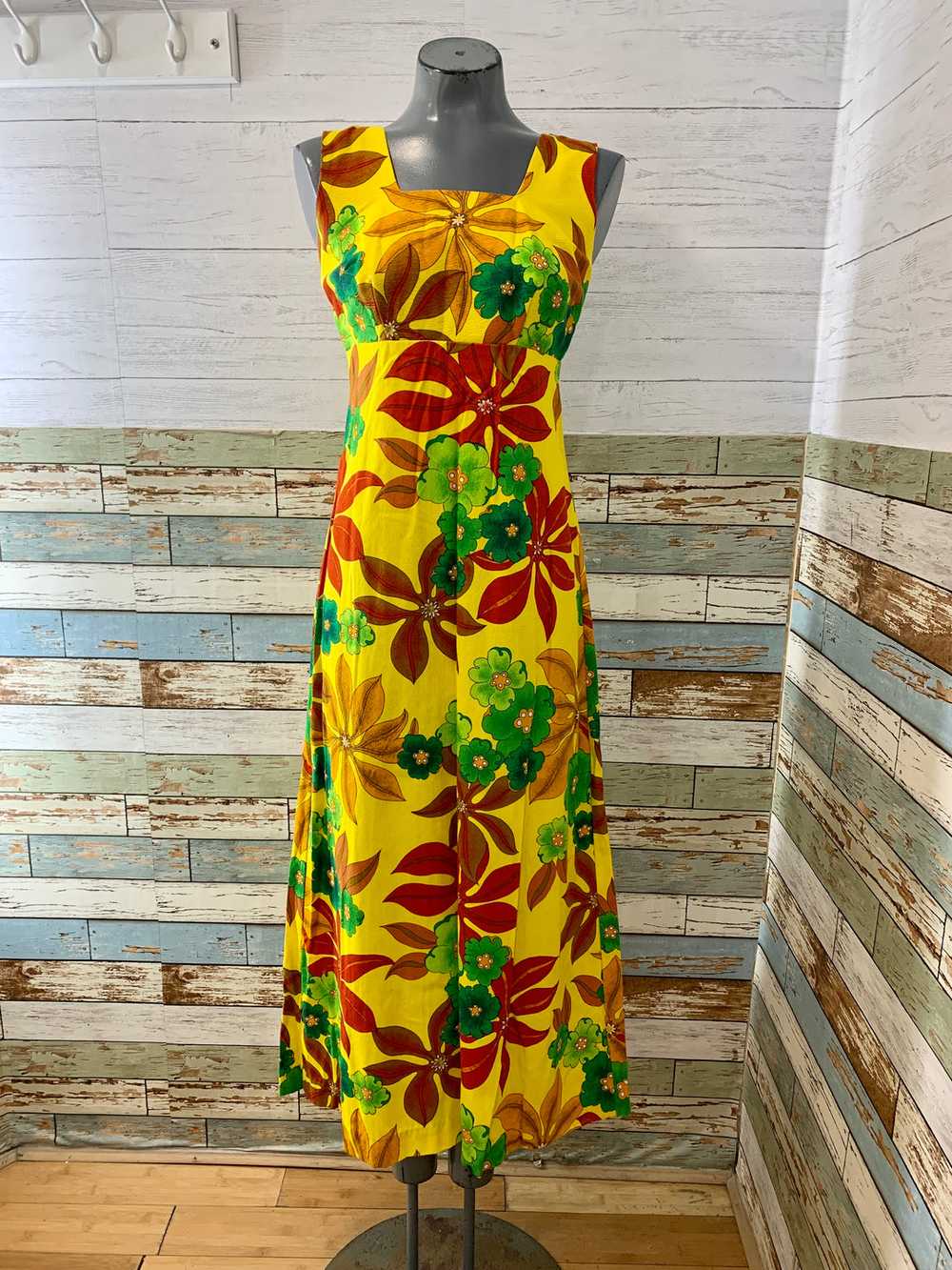 60s/70s Green Red And Yellow Floral Maxi Dress - image 1