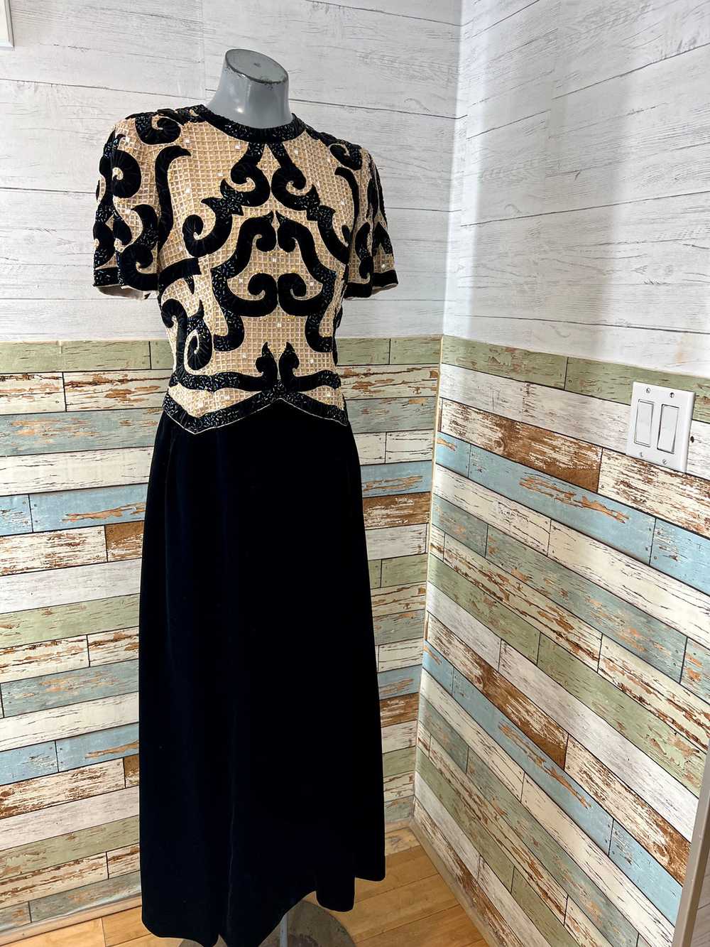 60’s Black Velvet Gown With Gold & Black Beads Bi… - image 2
