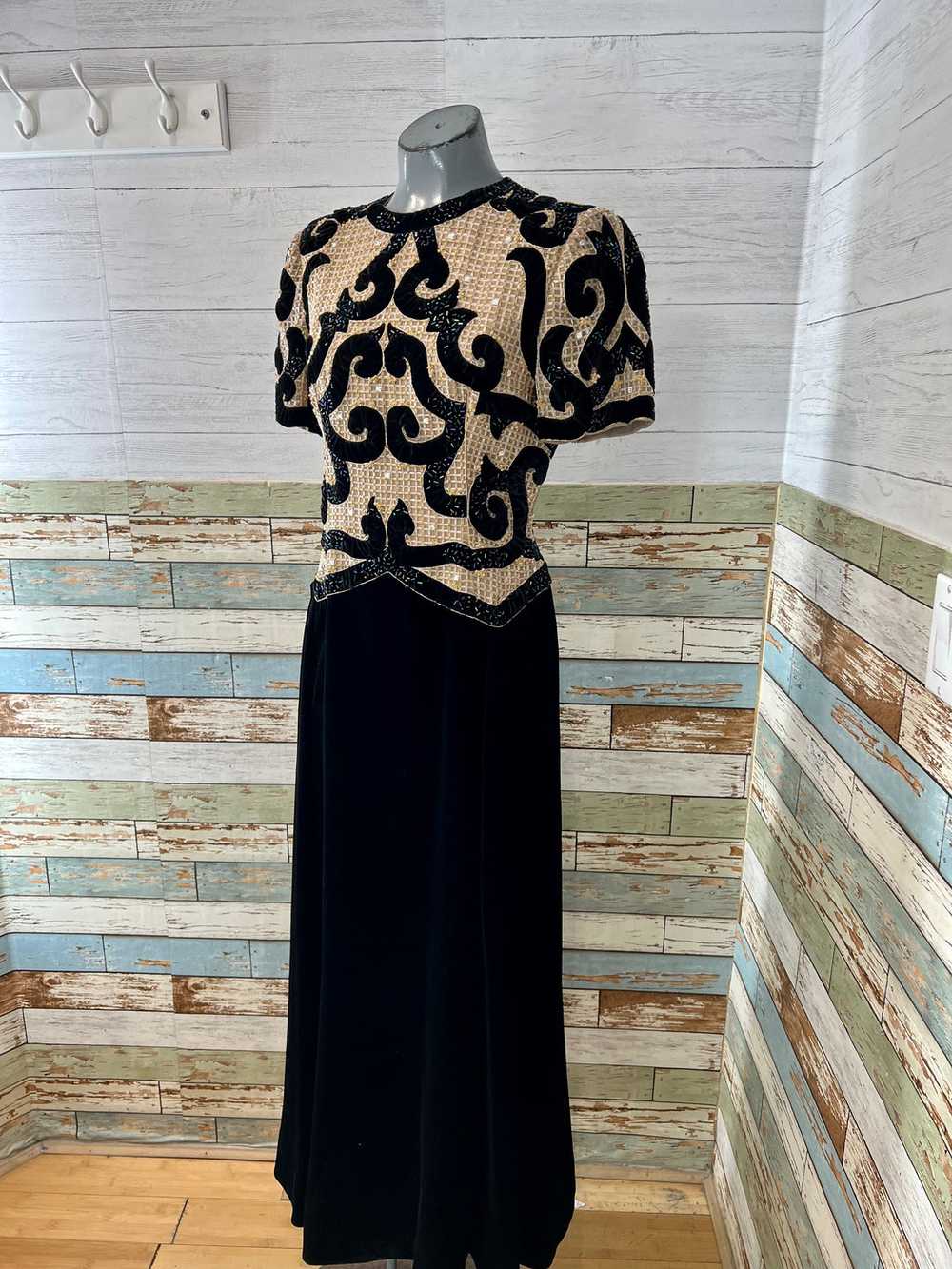 60’s Black Velvet Gown With Gold & Black Beads Bi… - image 4