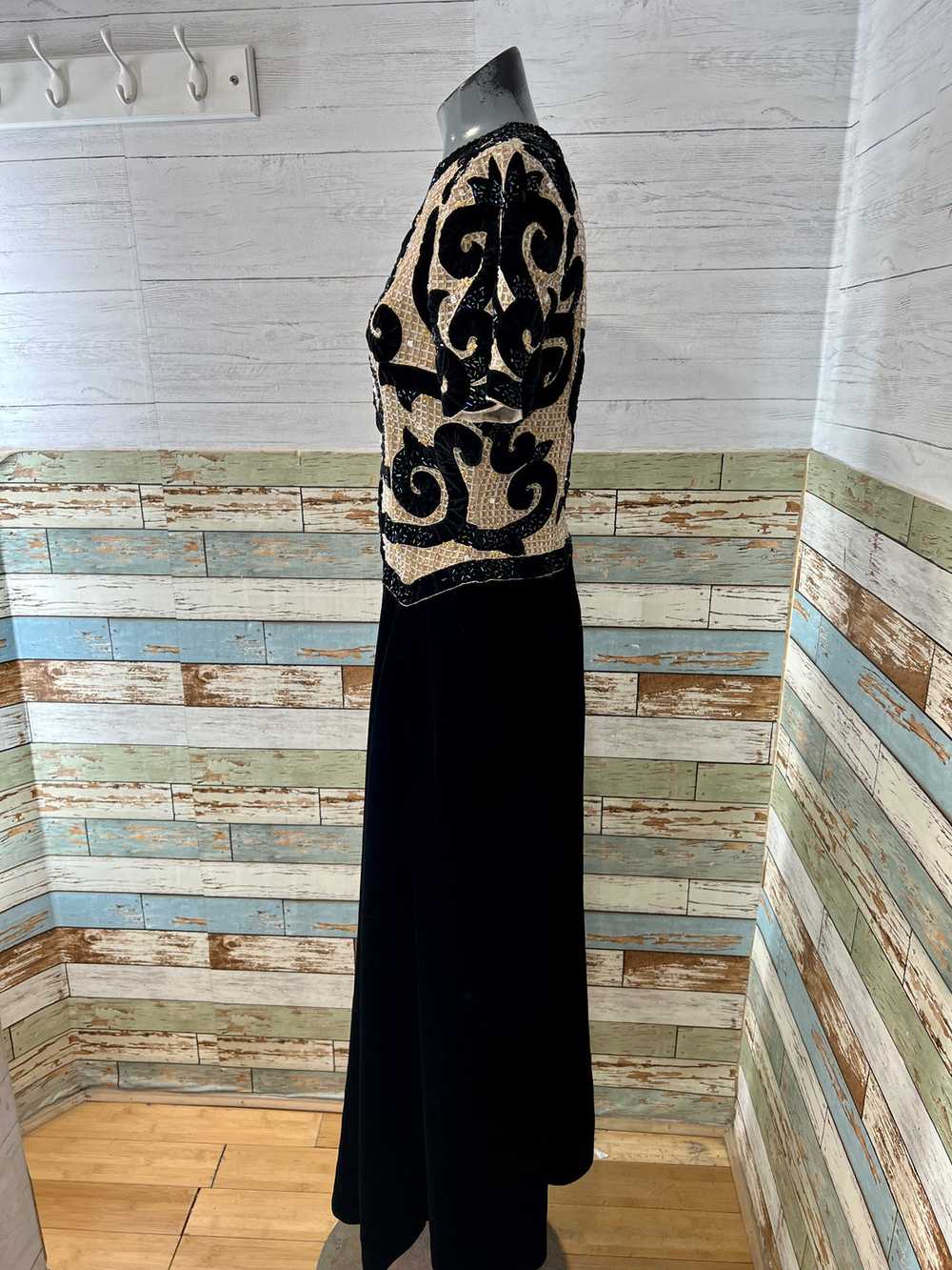 60’s Black Velvet Gown With Gold & Black Beads Bi… - image 6