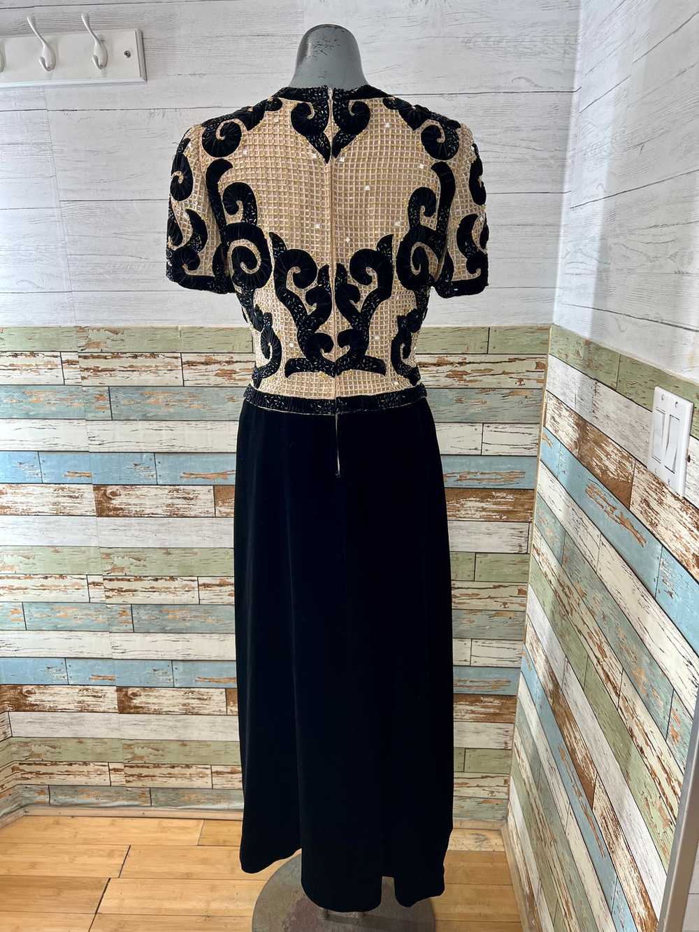 60’s Black Velvet Gown With Gold & Black Beads Bi… - image 7