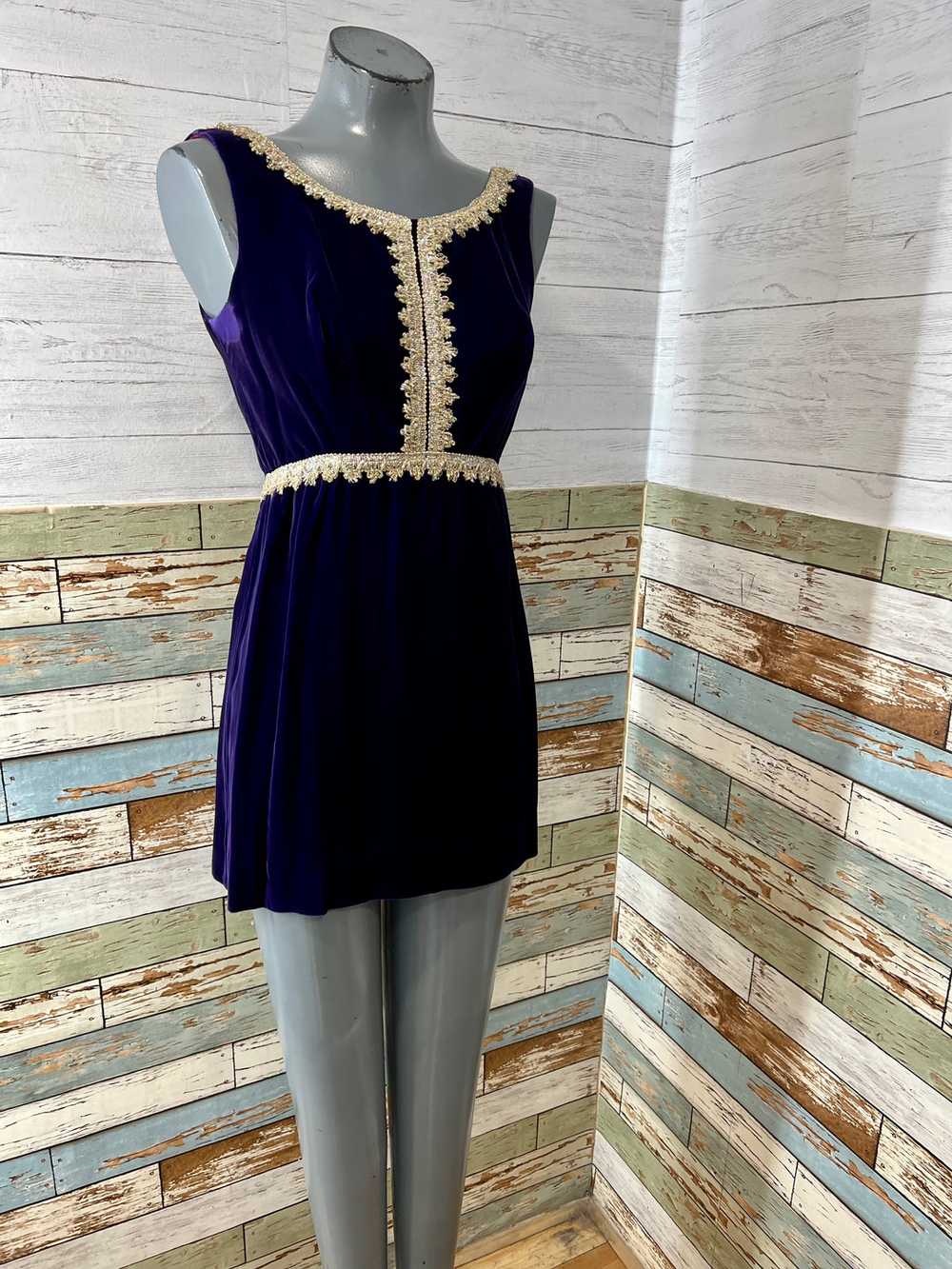 60’s Mini Purple Velvet Dress with Metallic Mesh … - image 2