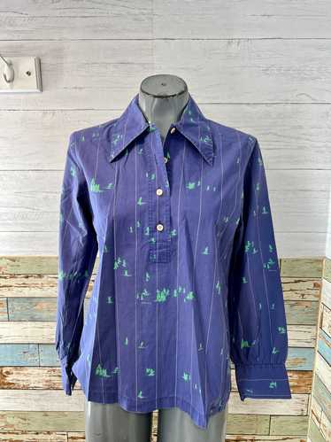 70s Blue And Green Flower Print 3 Button Pull Blou