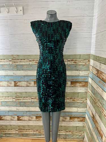 70s Green And Black Sequin Fitted Midi Dress