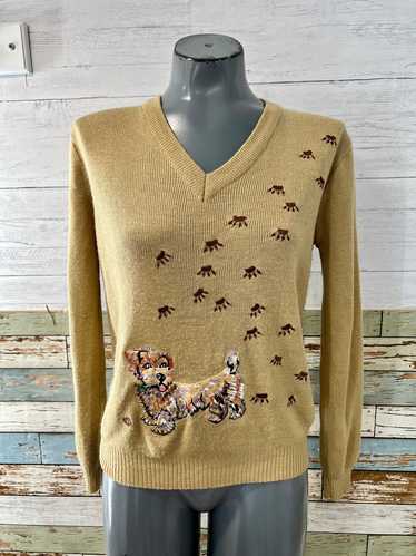 70s Long Sleeve V neck Sweater With Embroidery Dog
