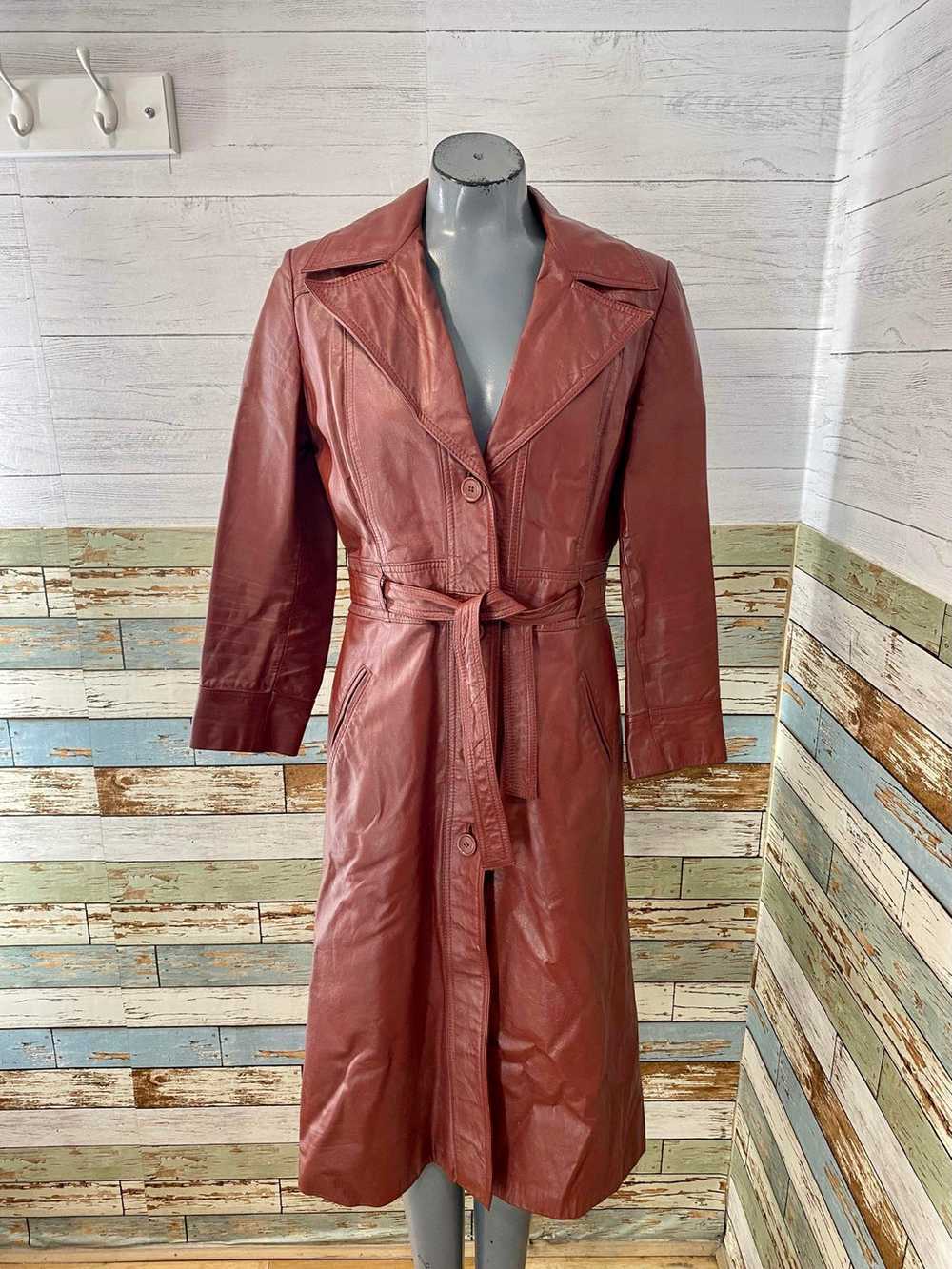 70s Red Leather Trench Coat - image 1
