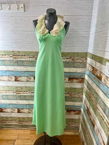 70’s Aqua Green V Neck Dress With Lace Collar Non 