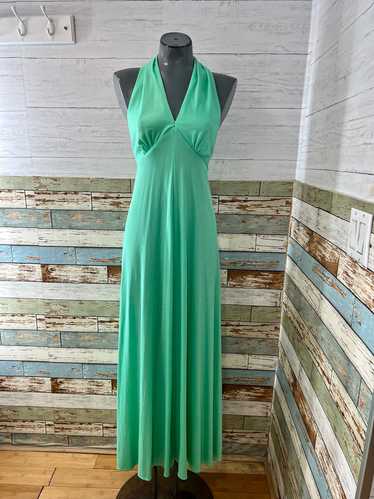 70’s Aqua Green V Neck Maxi Dress