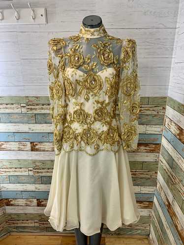 70’s Beige and Gold Embroidered Beaded Flare Dress