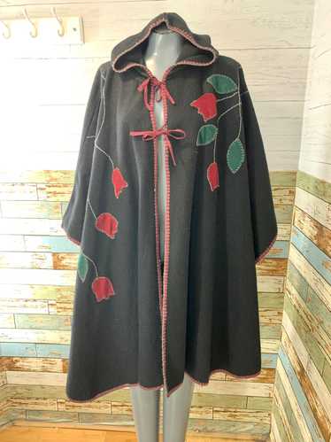 70’s Black Wool Hooded Cape with Rose Design