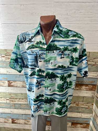 70’s Blue & Green Fishing Print Hawaiian Short Sle