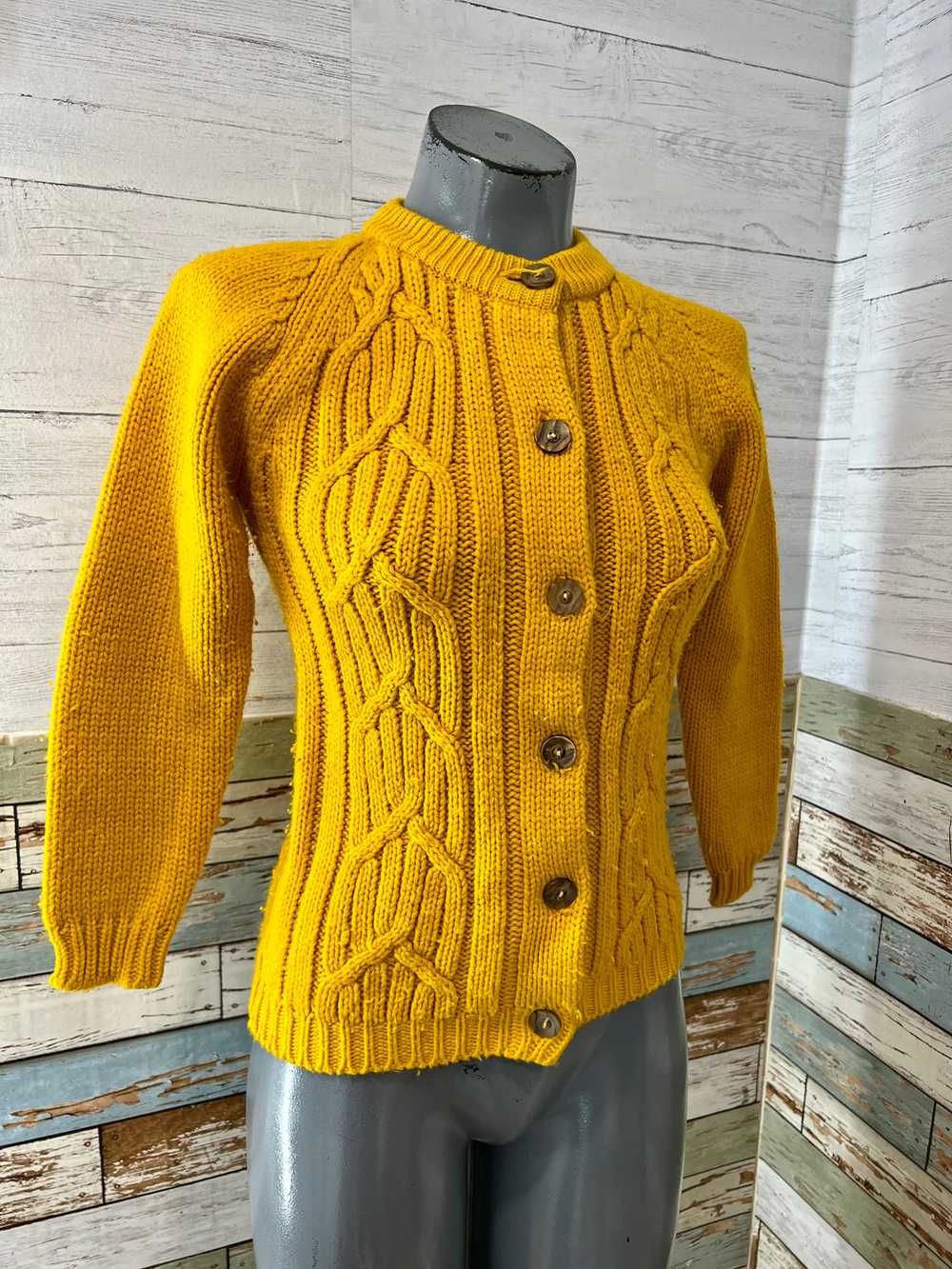 70’s Bright Yellow Embroiled Panel Cardigan Sweat… - image 4