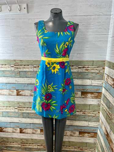 90’s Blue With Multicolor Tropical Flower Print N… - image 1