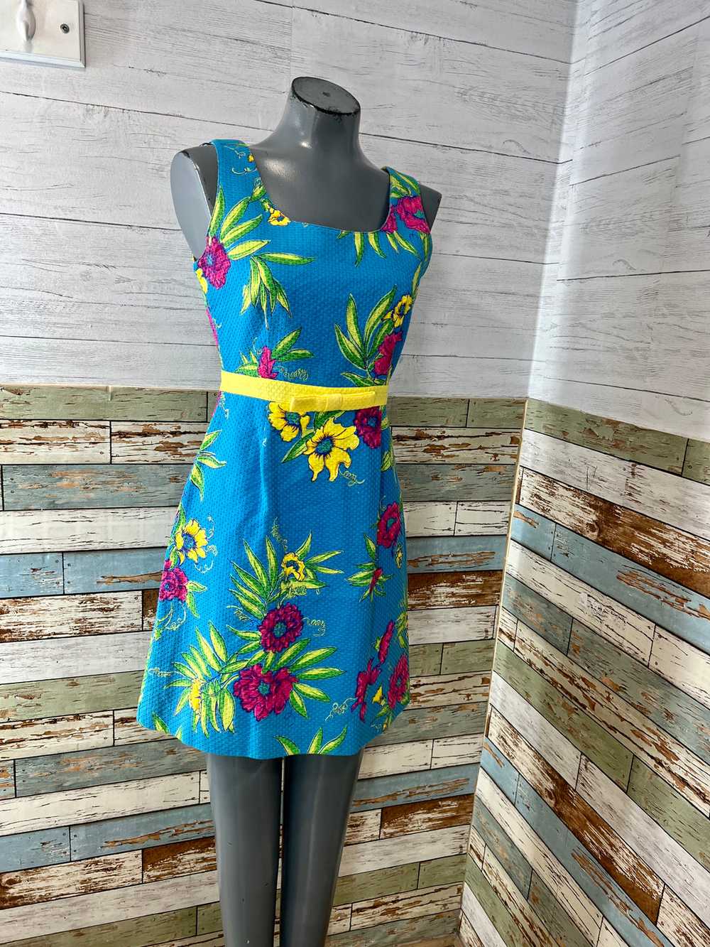 90’s Blue With Multicolor Tropical Flower Print N… - image 2