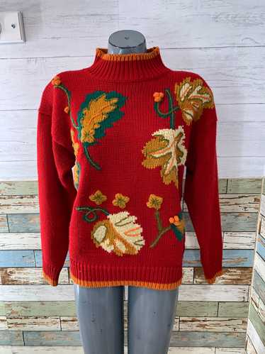 90s Mock Neck Acrylic Embroiled Leaves Sweater By 